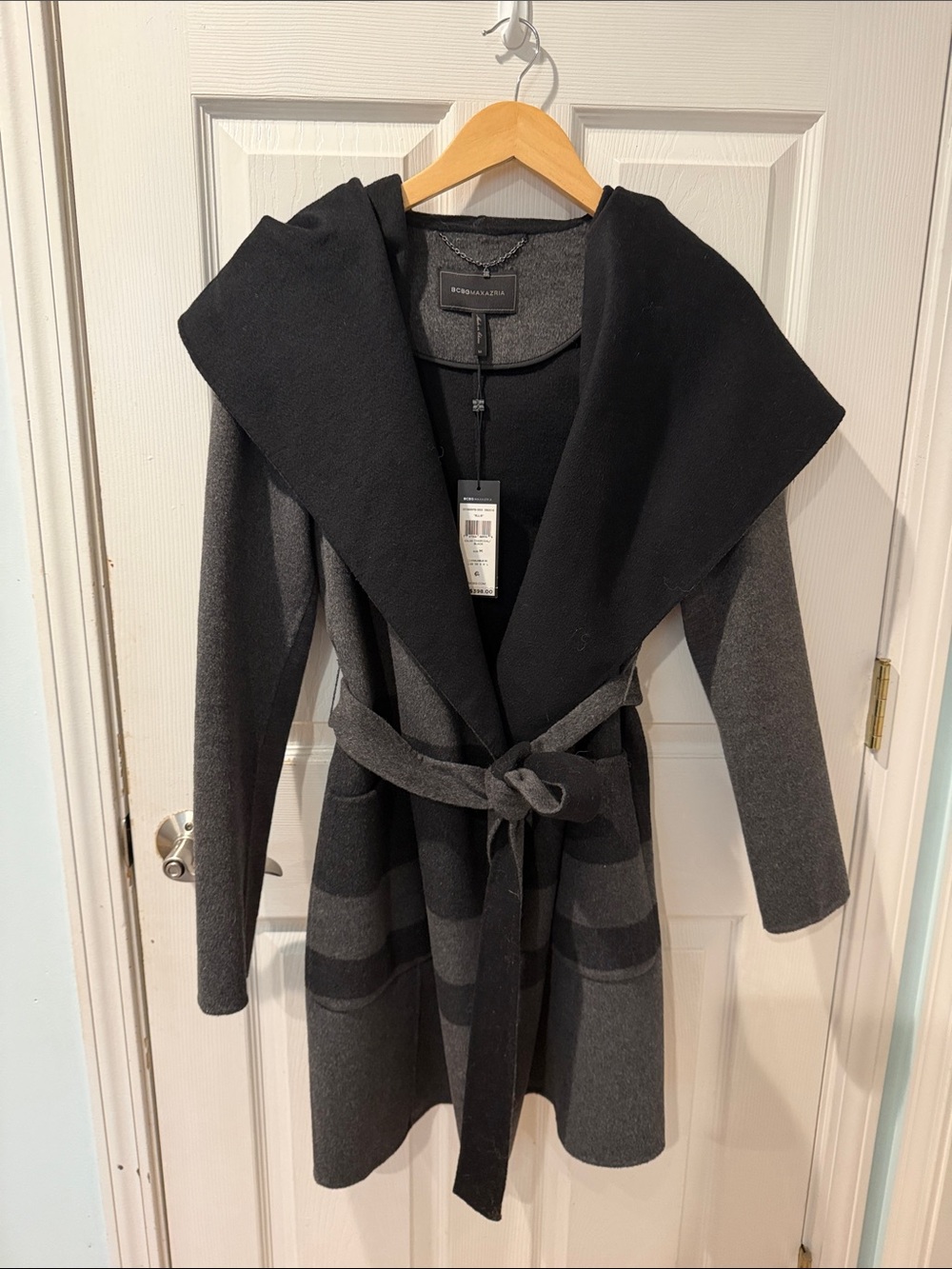 BCBG MAXAZRIA Hooded Belted Cardigan - Charcoal & Black